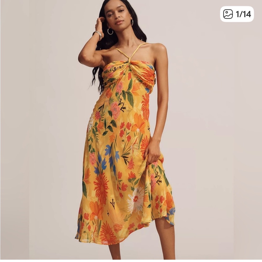 Anthropologie Yellow Floral Midi Dress